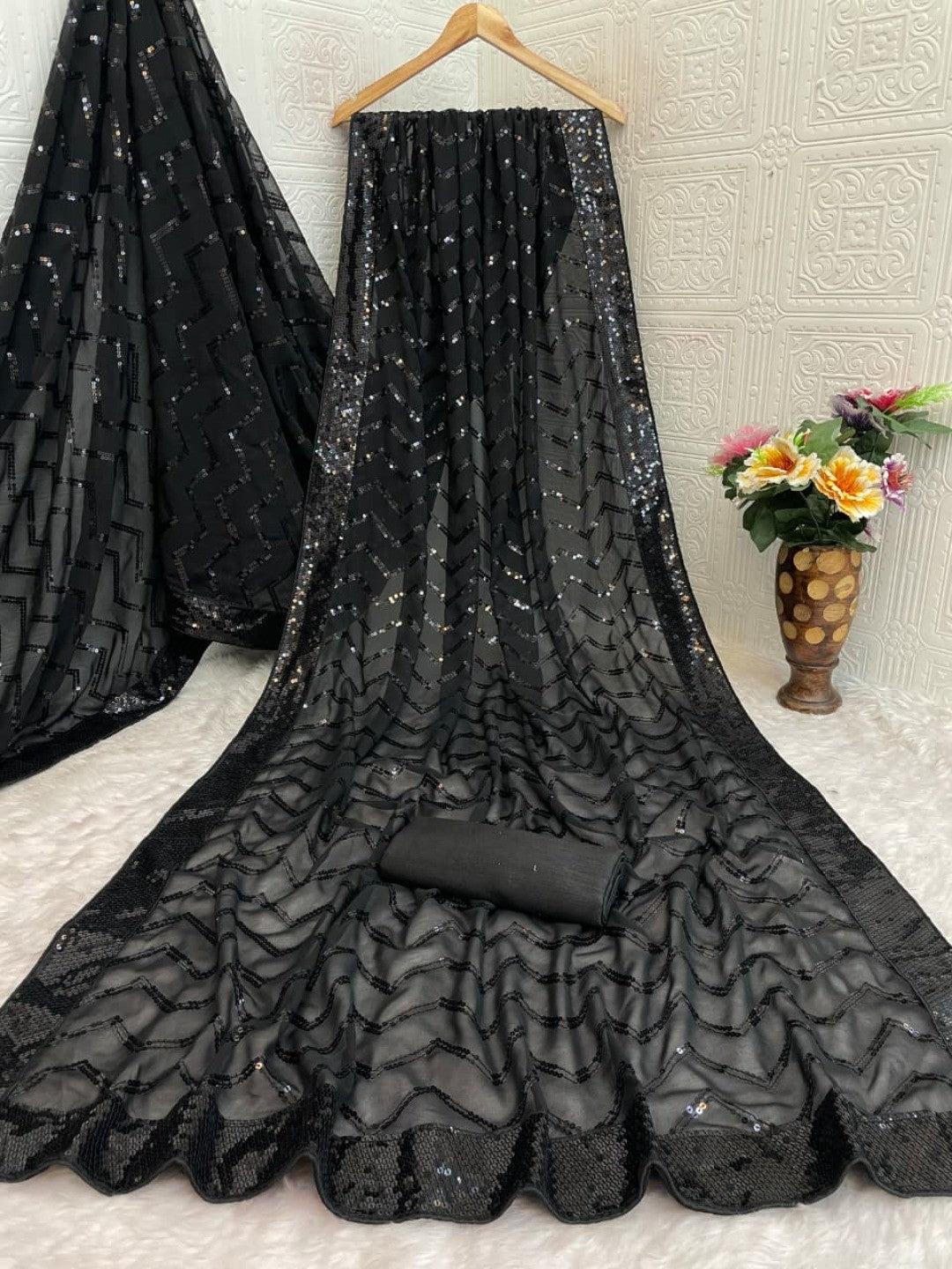 Elegant Black Georgette Silk Saree with Sequin Embellishments - Image 6