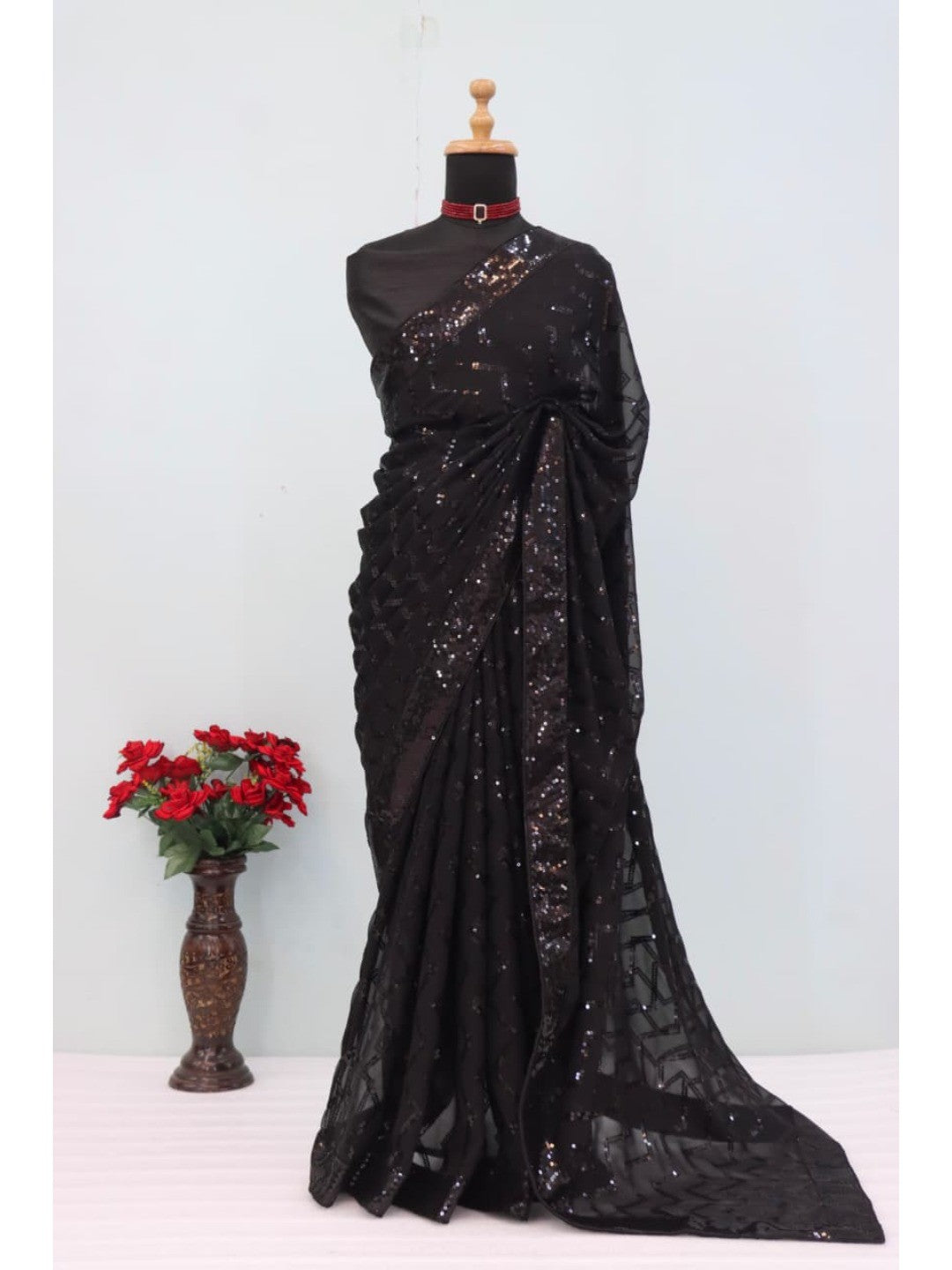 Elegant Black Georgette Silk Saree with Sequin Embellishments - Image 9