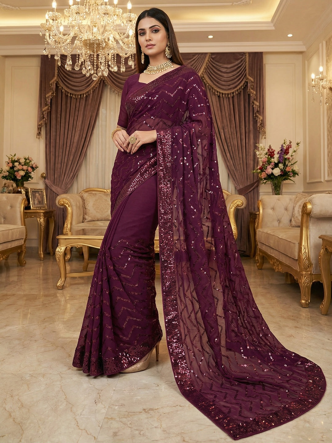Elegant Wine Georgette Silk Saree with Sequin Embellishments - Image 1