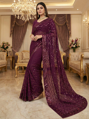 Elegant Wine Georgette Silk Saree with Sequin Embellishments - Image 1