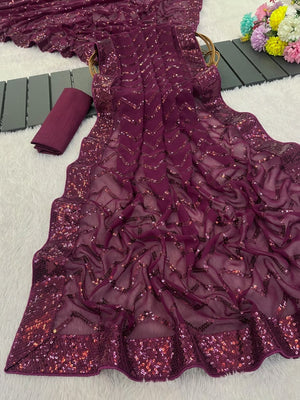Elegant Wine Georgette Silk Saree with Sequin Embellishments - Image 2