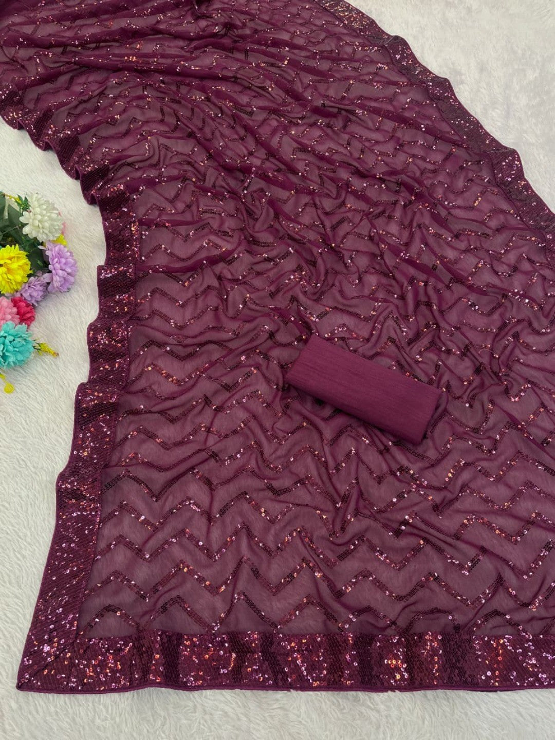 Elegant Wine Georgette Silk Saree with Sequin Embellishments - Image 9