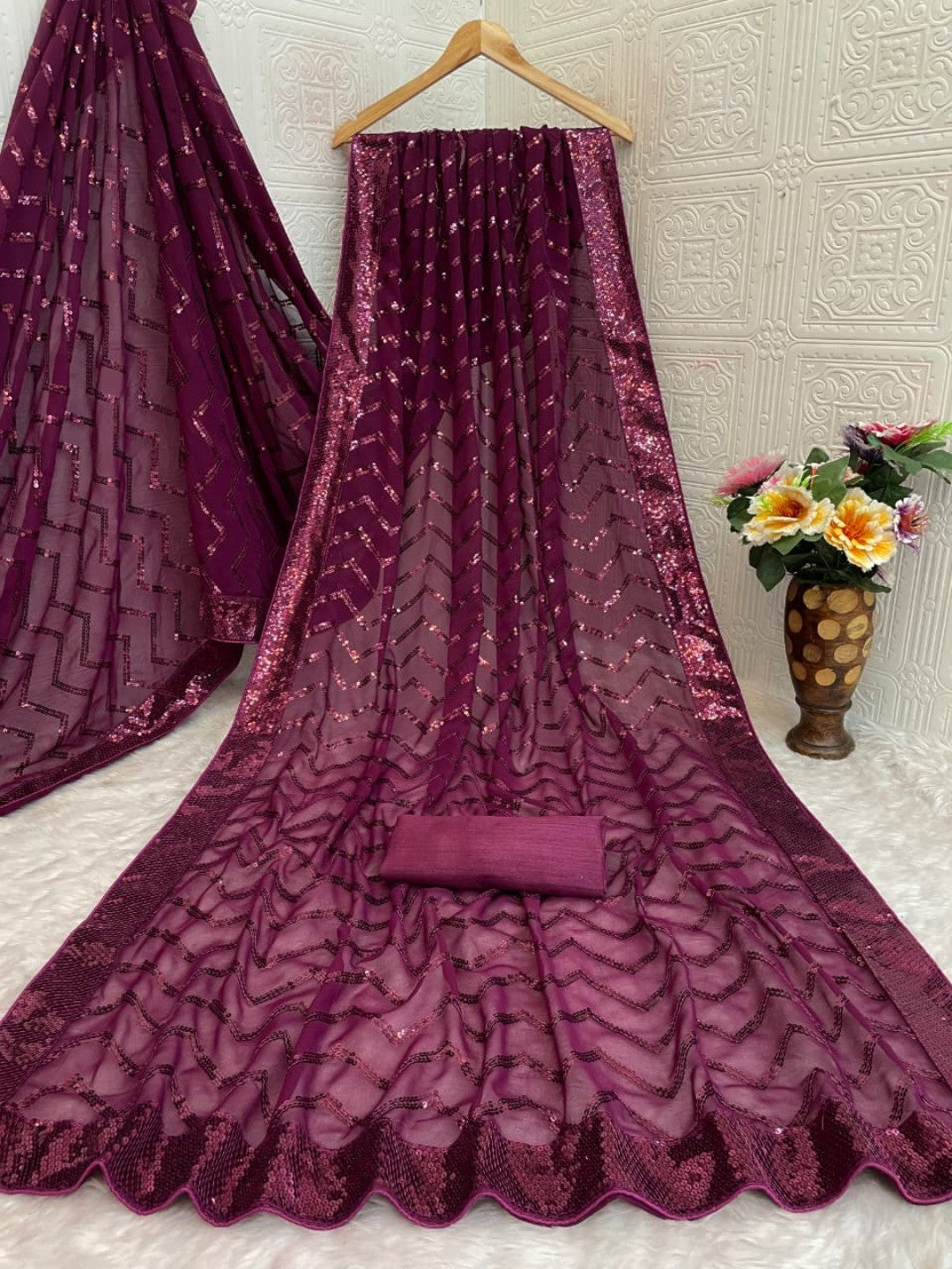 Elegant Wine Georgette Silk Saree with Sequin Embellishments - Image 7