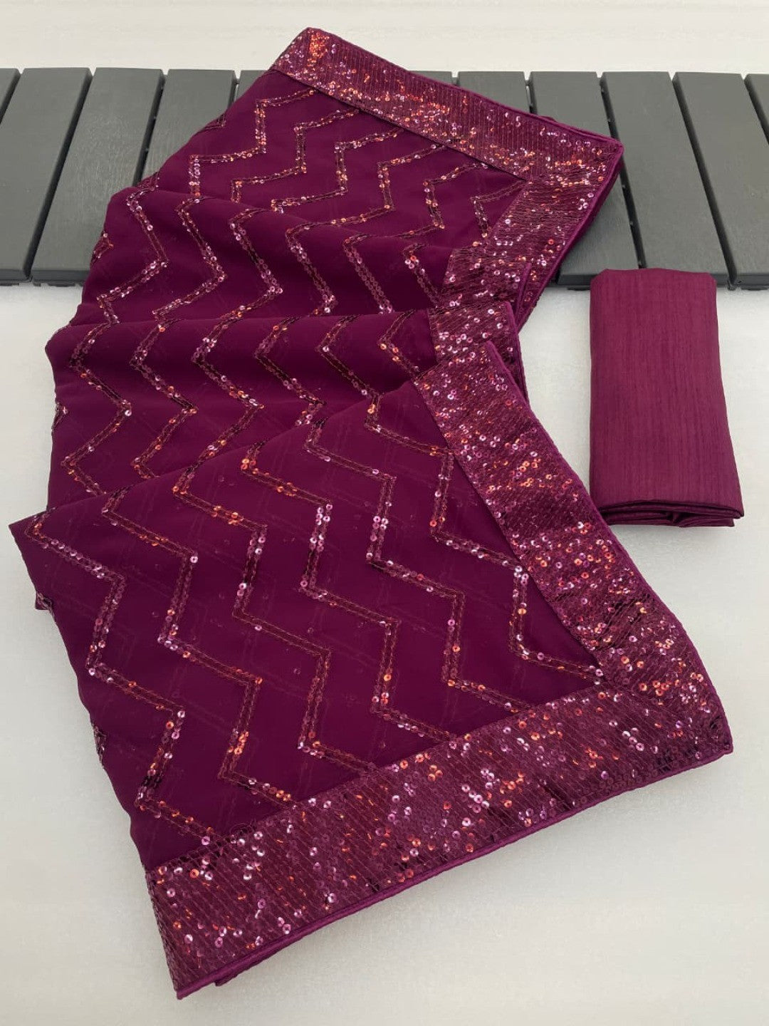 Elegant Wine Georgette Silk Saree with Sequin Embellishments - Image 6