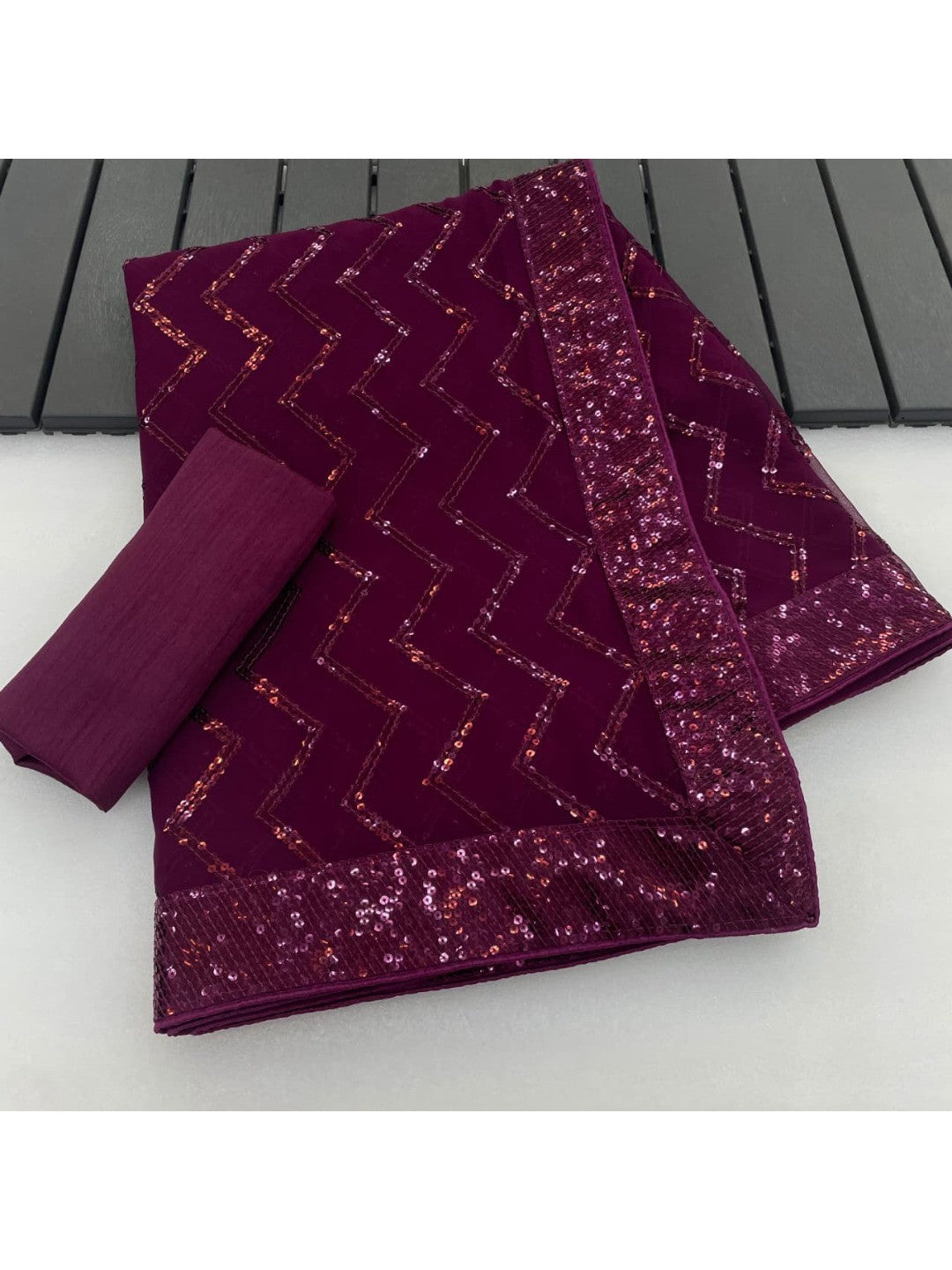 Elegant Wine Georgette Silk Saree with Sequin Embellishments - Image 8