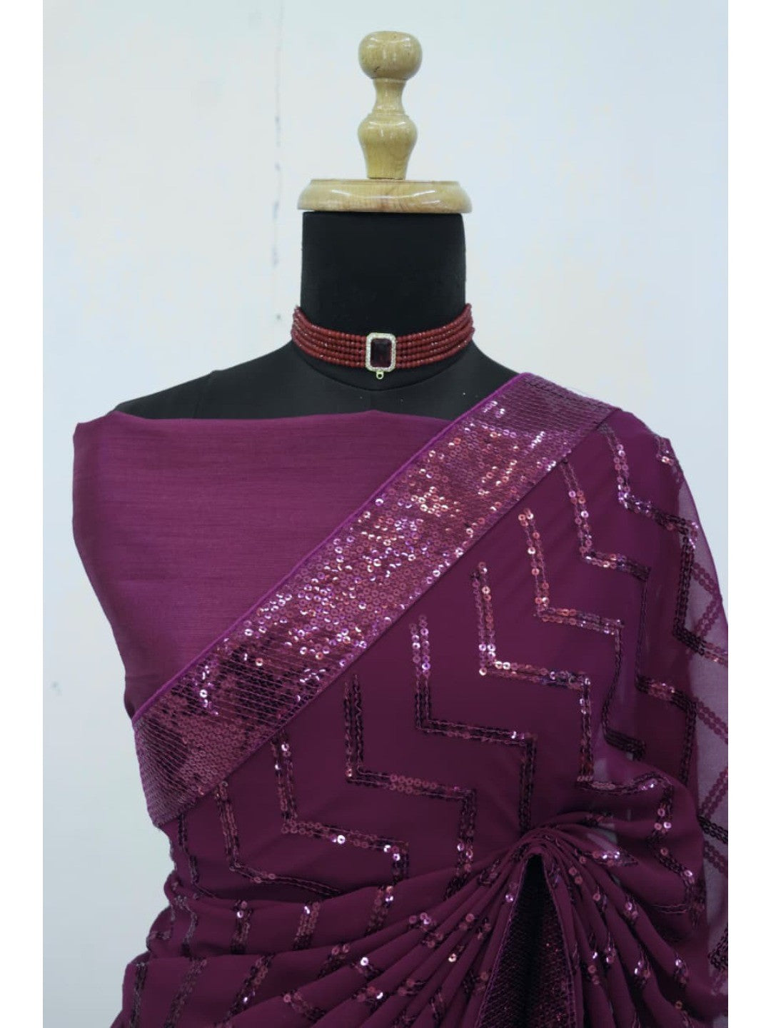 Elegant Wine Georgette Silk Saree with Sequin Embellishments - Image 8