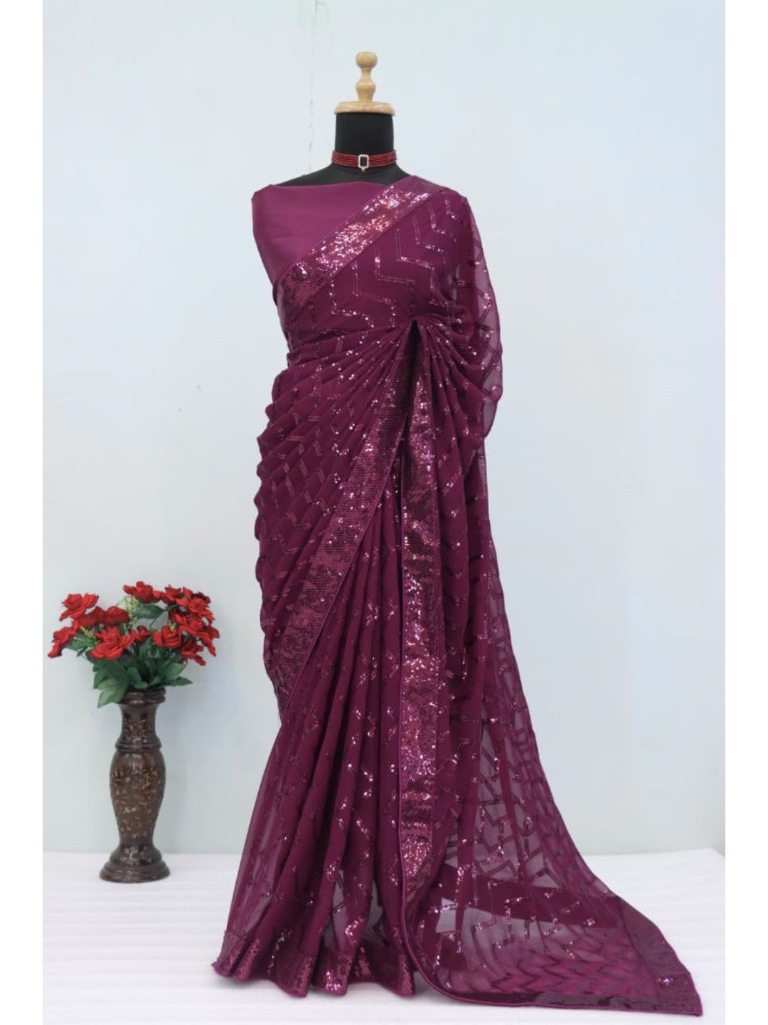 Elegant Wine Georgette Silk Saree with Sequin Embellishments - Image 9