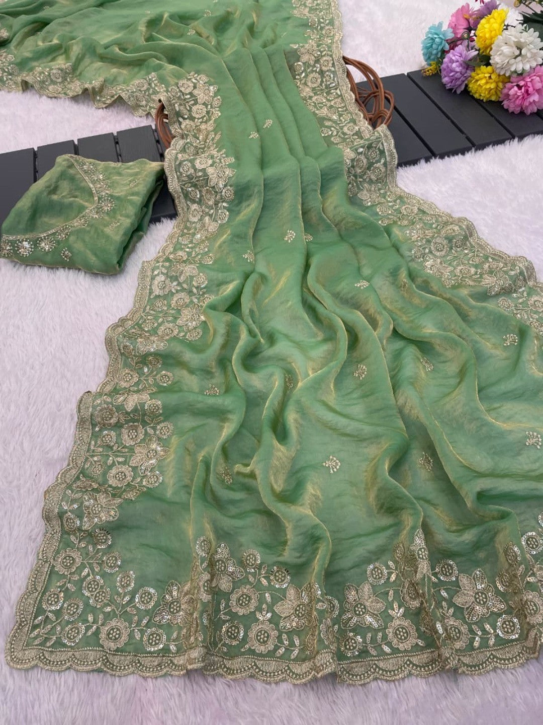 Graceful Green Organza Satin Silk Saree with Fine Embroidery & Blouse - Image 3