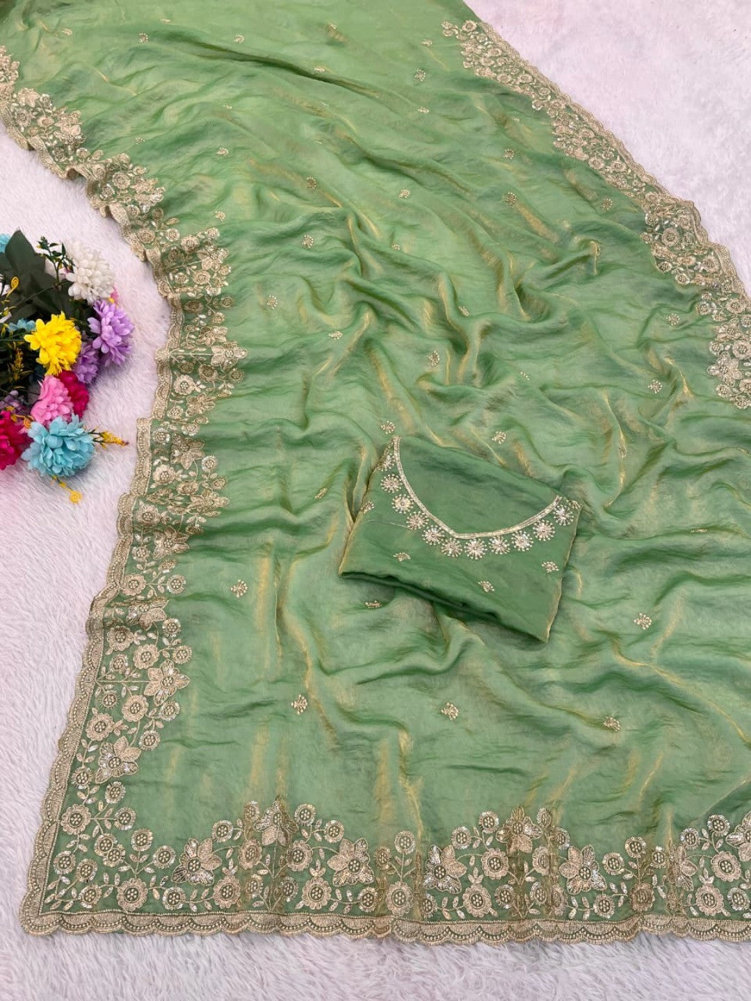 Graceful Green Organza Satin Silk Saree with Fine Embroidery & Blouse - Image 4