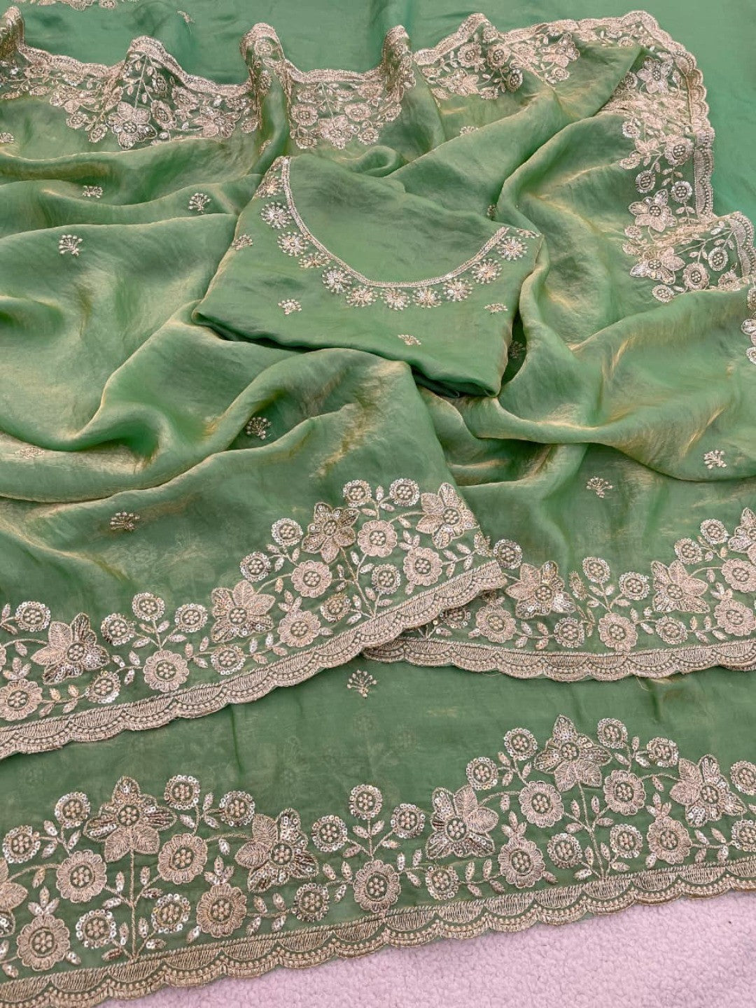 Graceful Green Organza Satin Silk Saree with Fine Embroidery & Blouse - Image 5