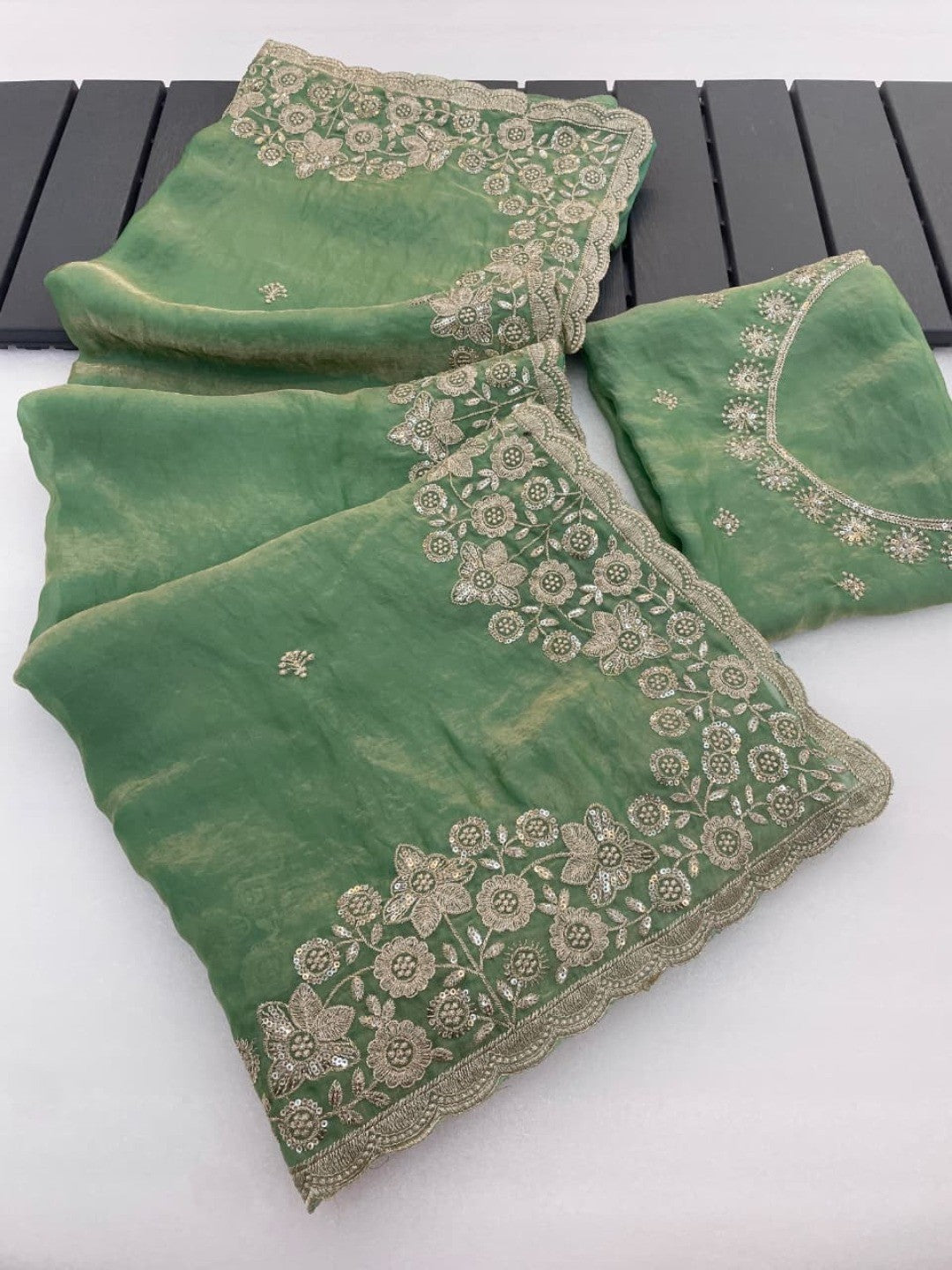 Graceful Green Organza Satin Silk Saree with Fine Embroidery & Blouse - Image 9