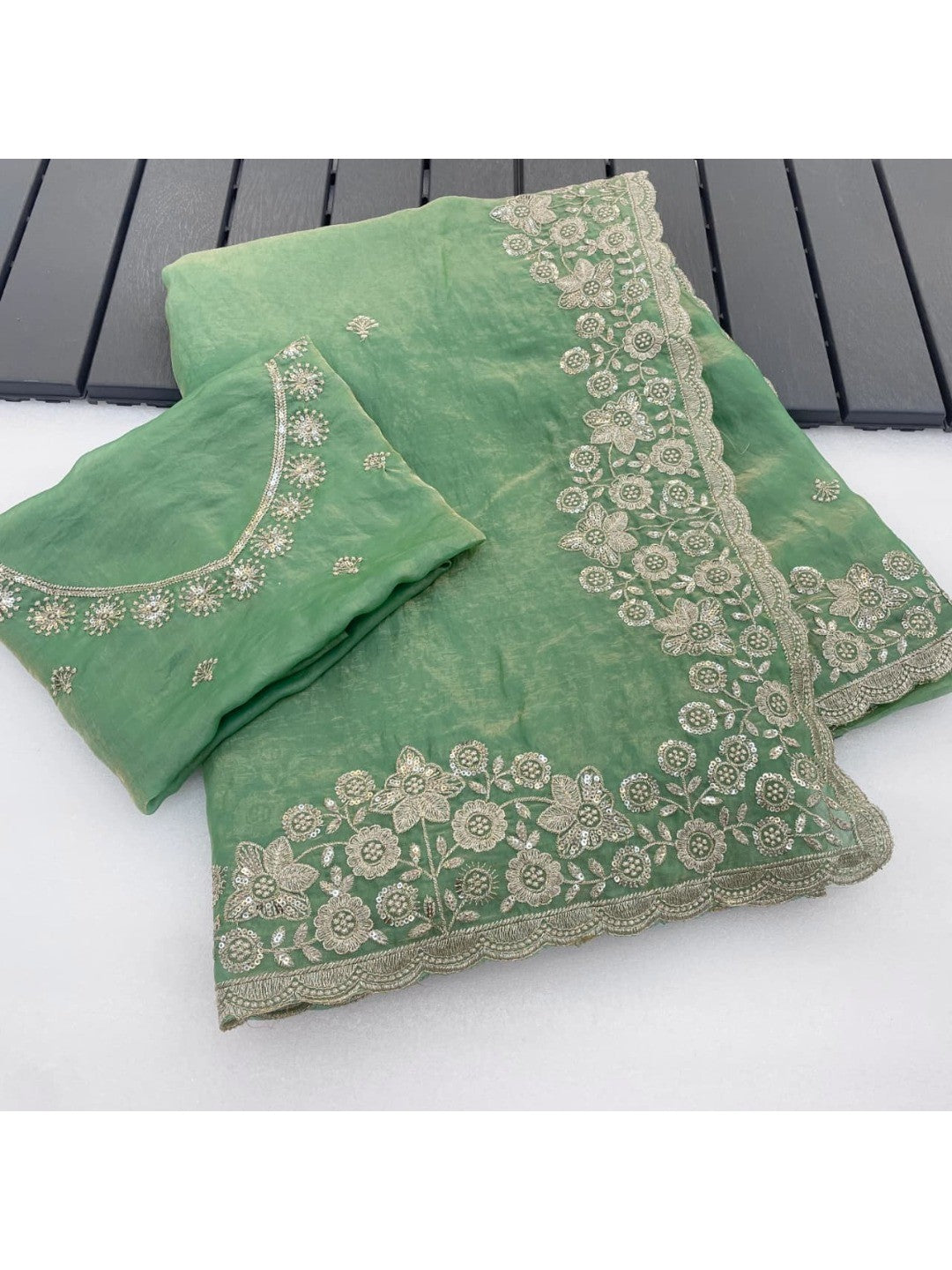Graceful Green Organza Satin Silk Saree with Fine Embroidery & Blouse - Image 8