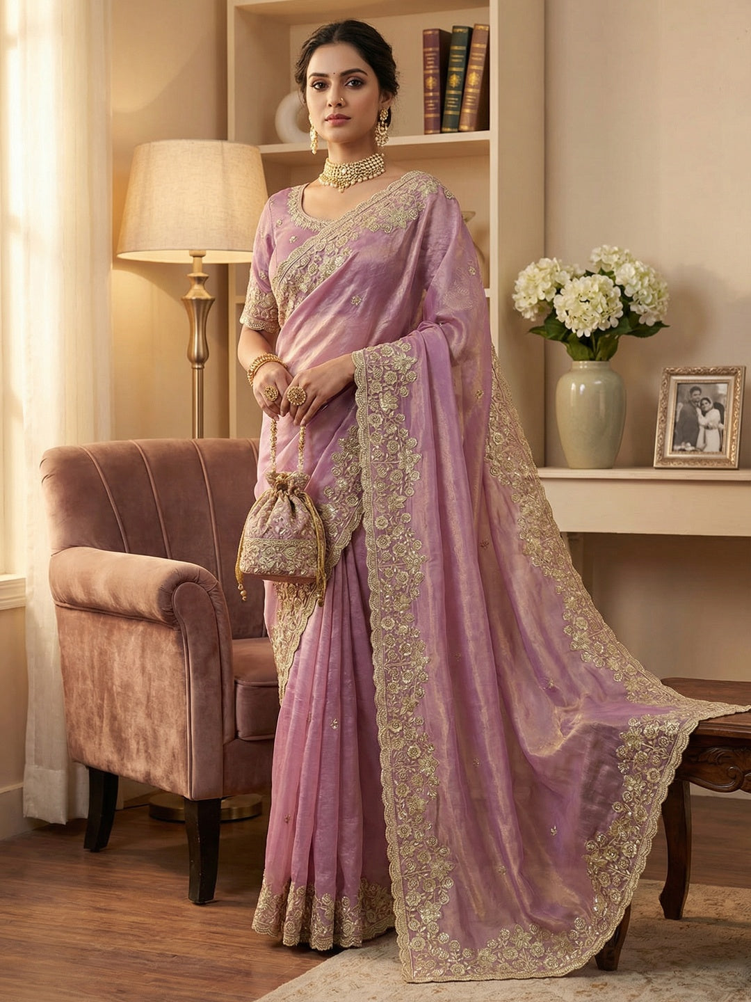 Graceful Lavender Organza Satin Silk Saree with Fine Embroidery & Blouse - Image 1