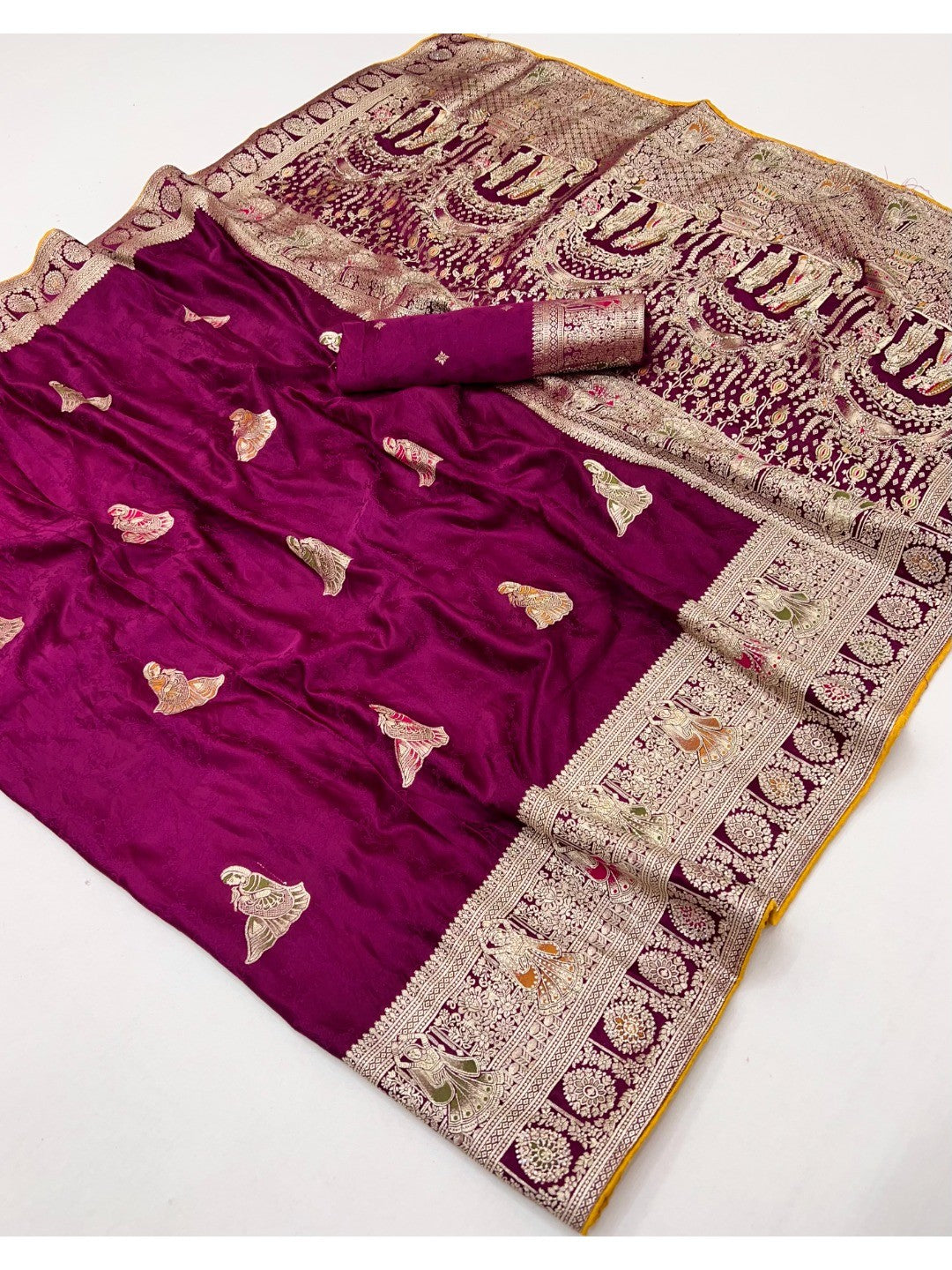 Luxurious Wine Satin Saree With Artistic Weaving Design & Gleaming Stone Work Accents - Image 3