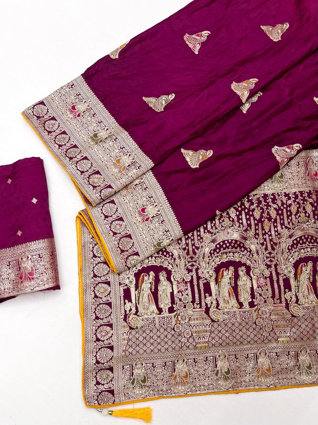 Luxurious Wine Satin Saree With Artistic Weaving Design & Gleaming Stone Work Accents - Image 2