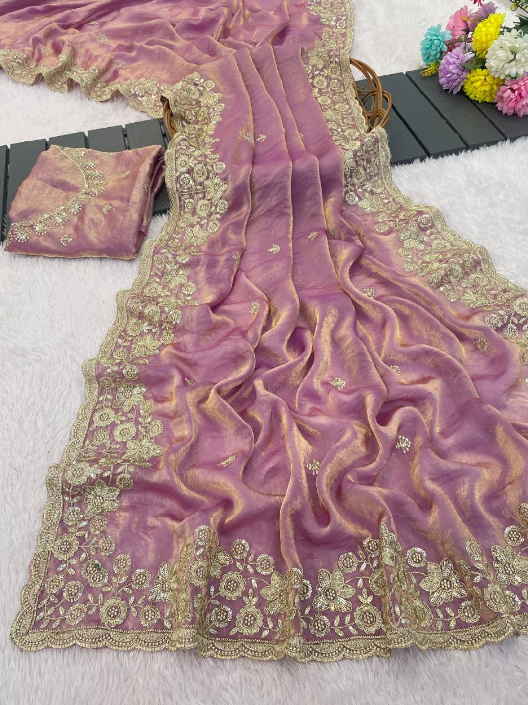 Graceful Lavender Organza Satin Silk Saree with Fine Embroidery & Blouse - Image 7