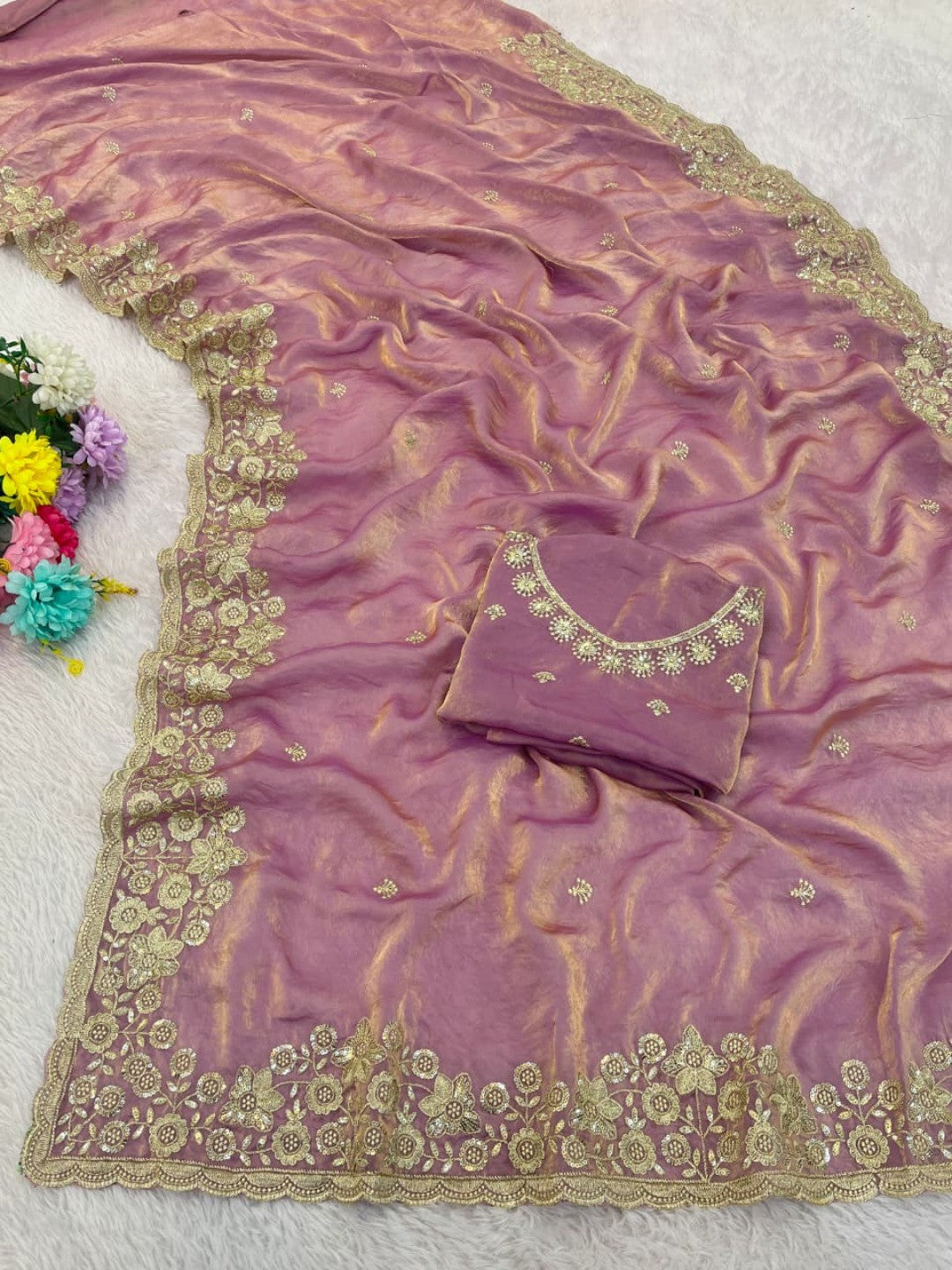 Graceful Lavender Organza Satin Silk Saree with Fine Embroidery & Blouse - Image 3