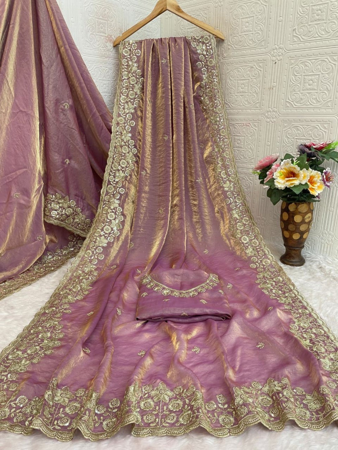 Graceful Lavender Organza Satin Silk Saree with Fine Embroidery & Blouse - Image 8