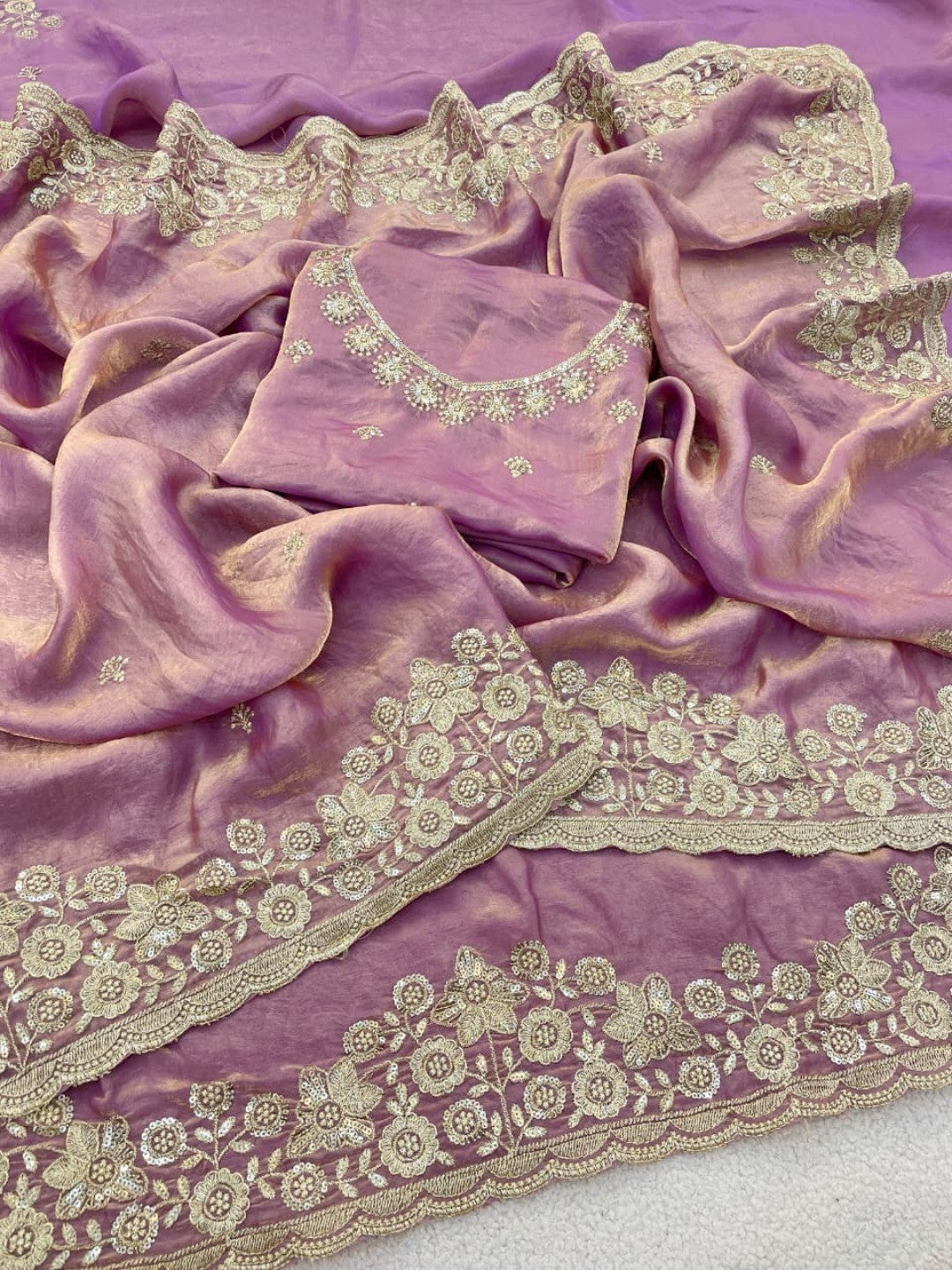 Graceful Lavender Organza Satin Silk Saree with Fine Embroidery & Blouse - Image 6