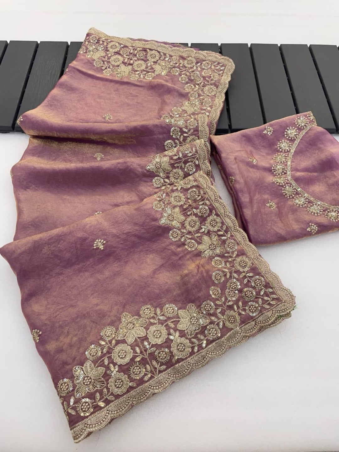 Graceful Lavender Organza Satin Silk Saree with Fine Embroidery & Blouse - Image 4
