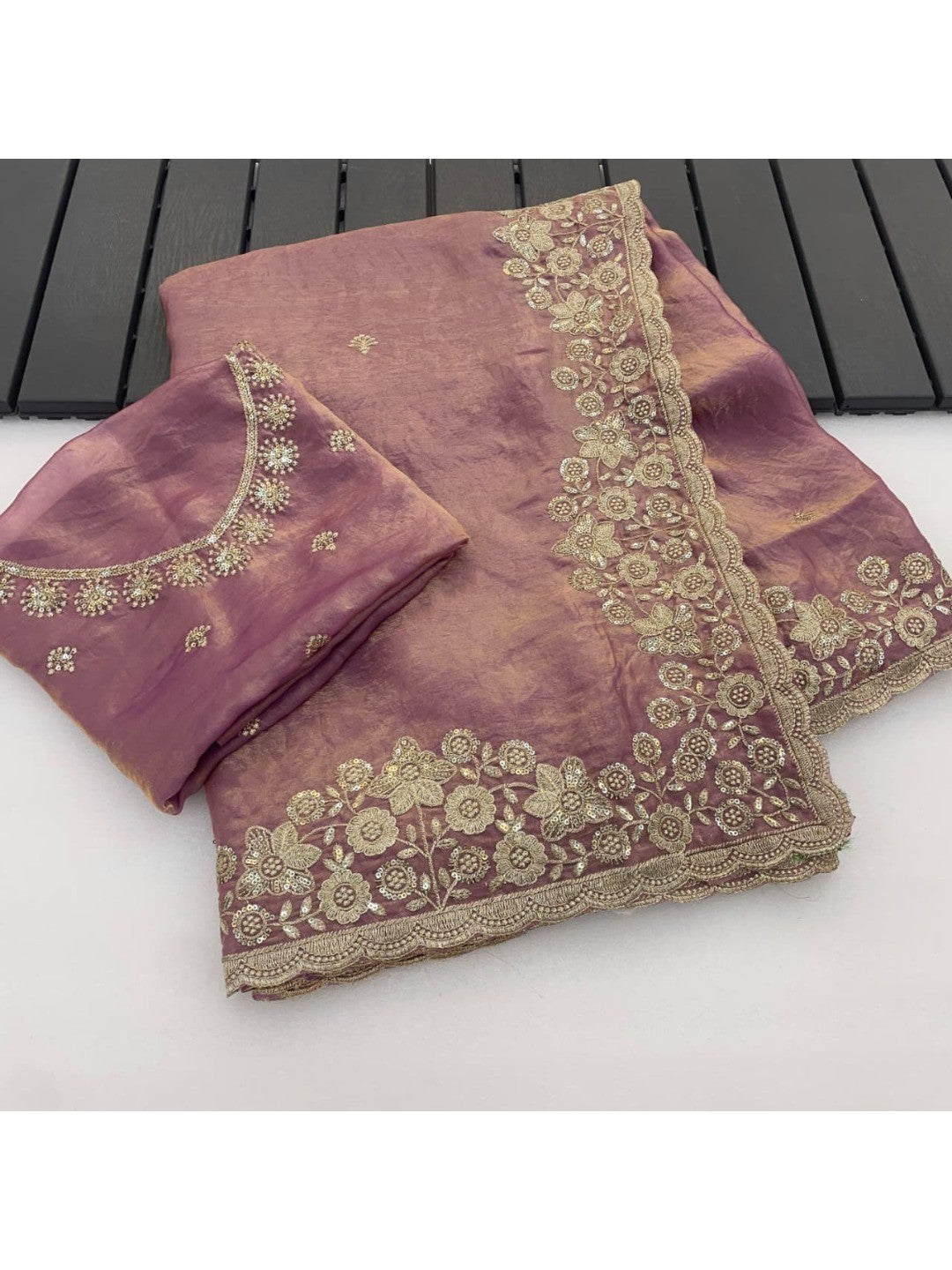 Graceful Lavender Organza Satin Silk Saree with Fine Embroidery & Blouse - Image 5