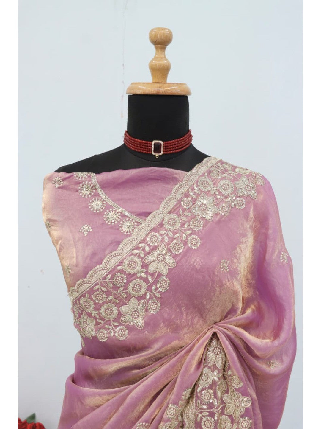 Graceful Lavender Organza Satin Silk Saree with Fine Embroidery & Blouse - Image 2