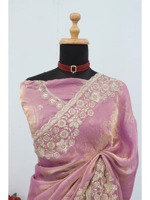 Graceful Lavender Organza Satin Silk Saree with Fine Embroidery & Blouse - Image 2