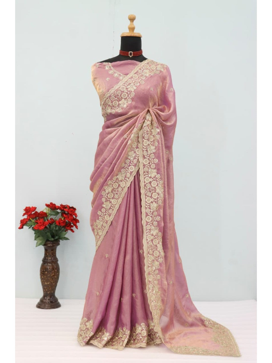 Graceful Lavender Organza Satin Silk Saree with Fine Embroidery & Blouse - Image 9