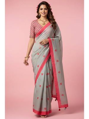 Grey Digital Printed Linen Saree with Pink Heart Motifs - Image 1