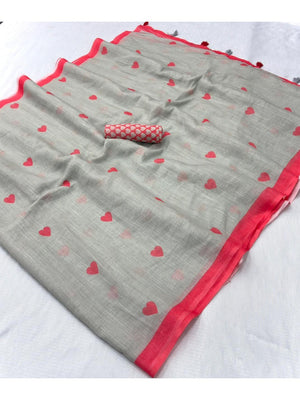 Grey Digital Printed Linen Saree with Pink Heart Motifs - Image 2