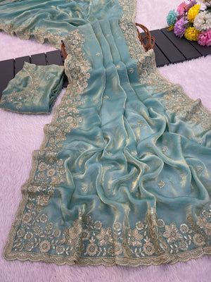 Graceful Sky Blue Organza Satin Silk Saree with Fine Embroidery & Blouse - Image 2