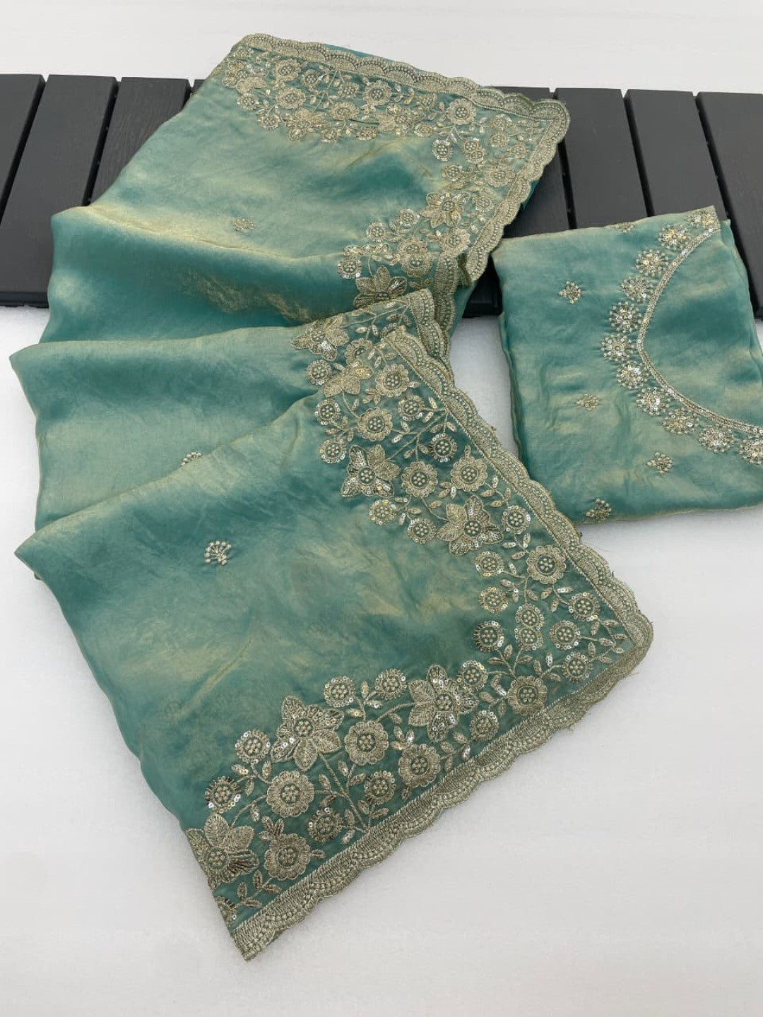 Graceful Sky Blue Organza Satin Silk Saree with Fine Embroidery & Blouse - Image 6