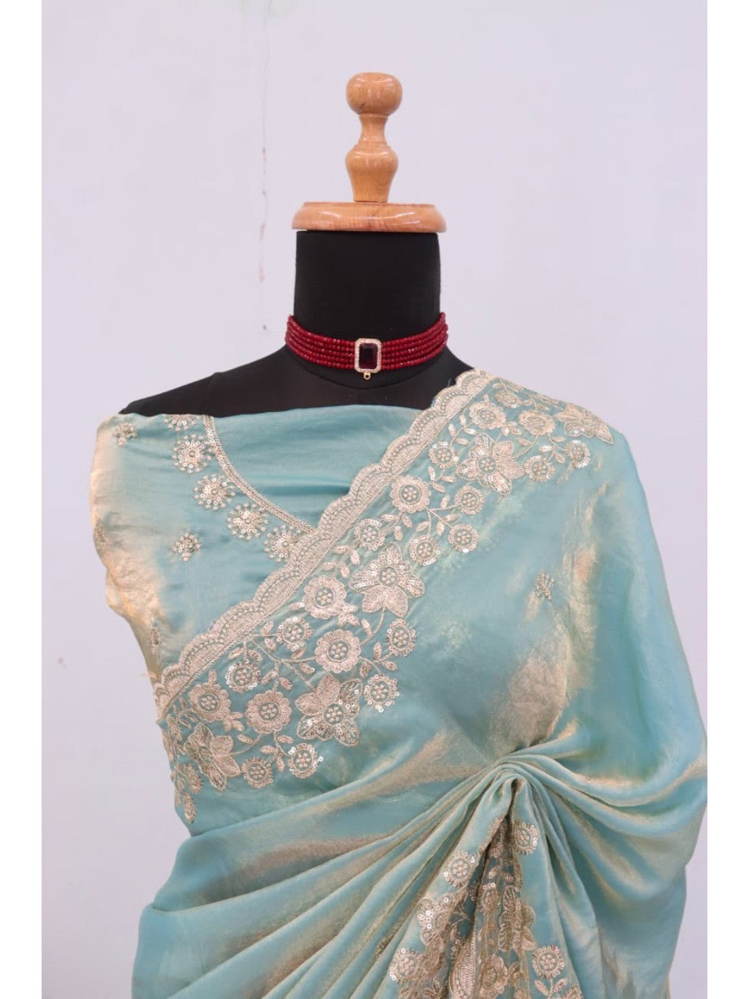 Graceful Sky Blue Organza Satin Silk Saree with Fine Embroidery & Blouse - Image 8