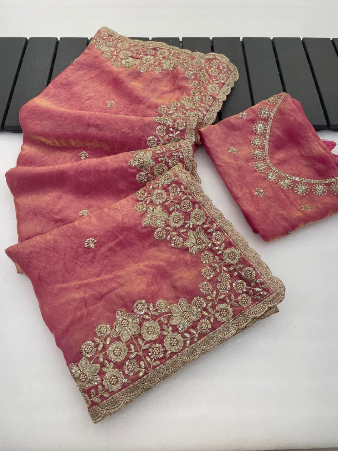 Graceful Pink Organza Satin Silk Saree with Fine Embroidery & Blouse - Image 6