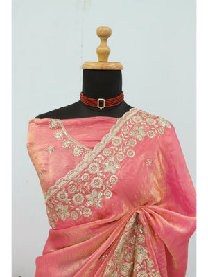 Graceful Pink Organza Satin Silk Saree with Fine Embroidery & Blouse - Image 2