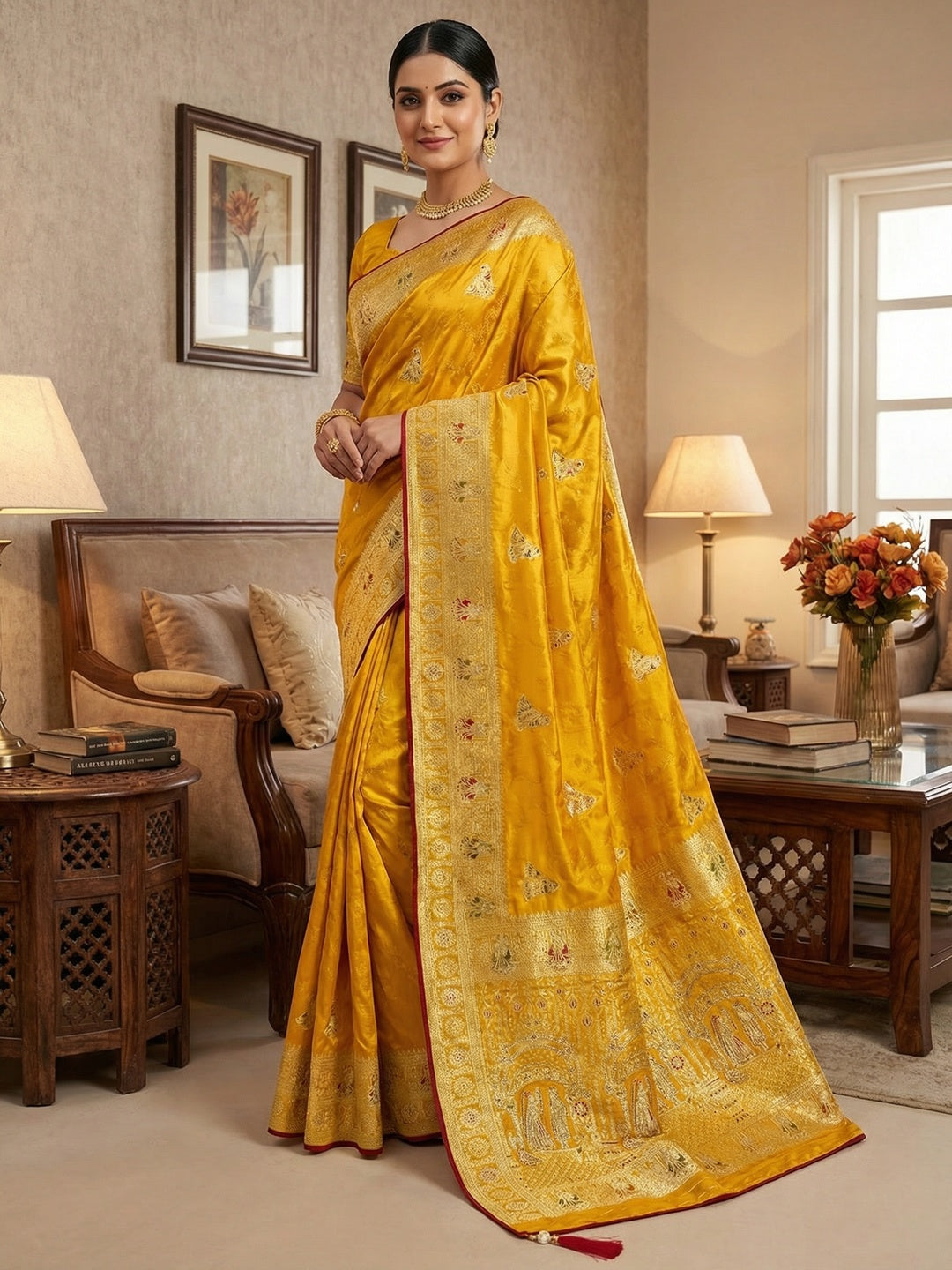 Luxurious Mustard Satin Saree With Artistic Weaving Design & Gleaming Stone Work Accents - Image 1