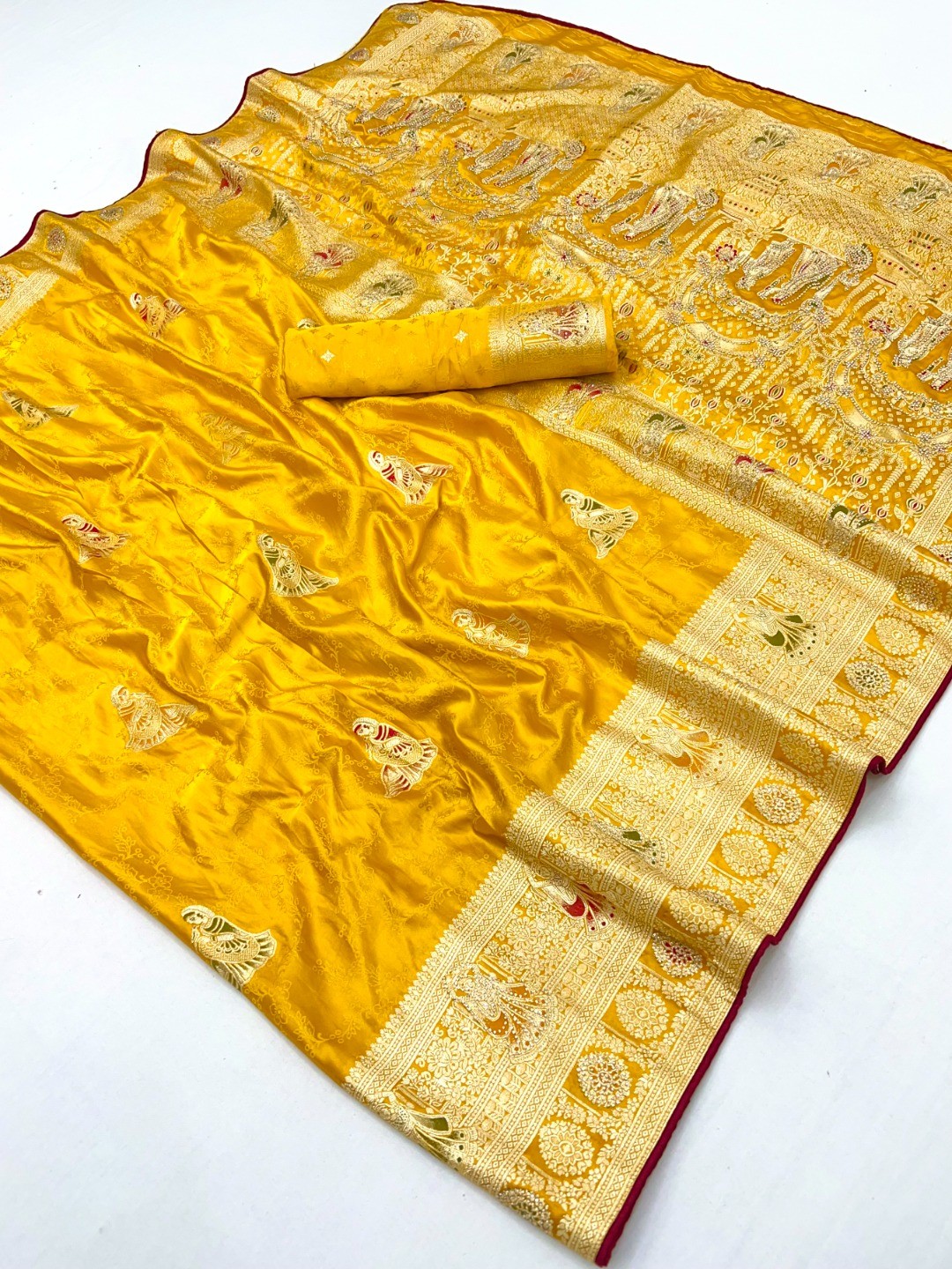 Luxurious Mustard Satin Saree With Artistic Weaving Design & Gleaming Stone Work Accents - Image 2