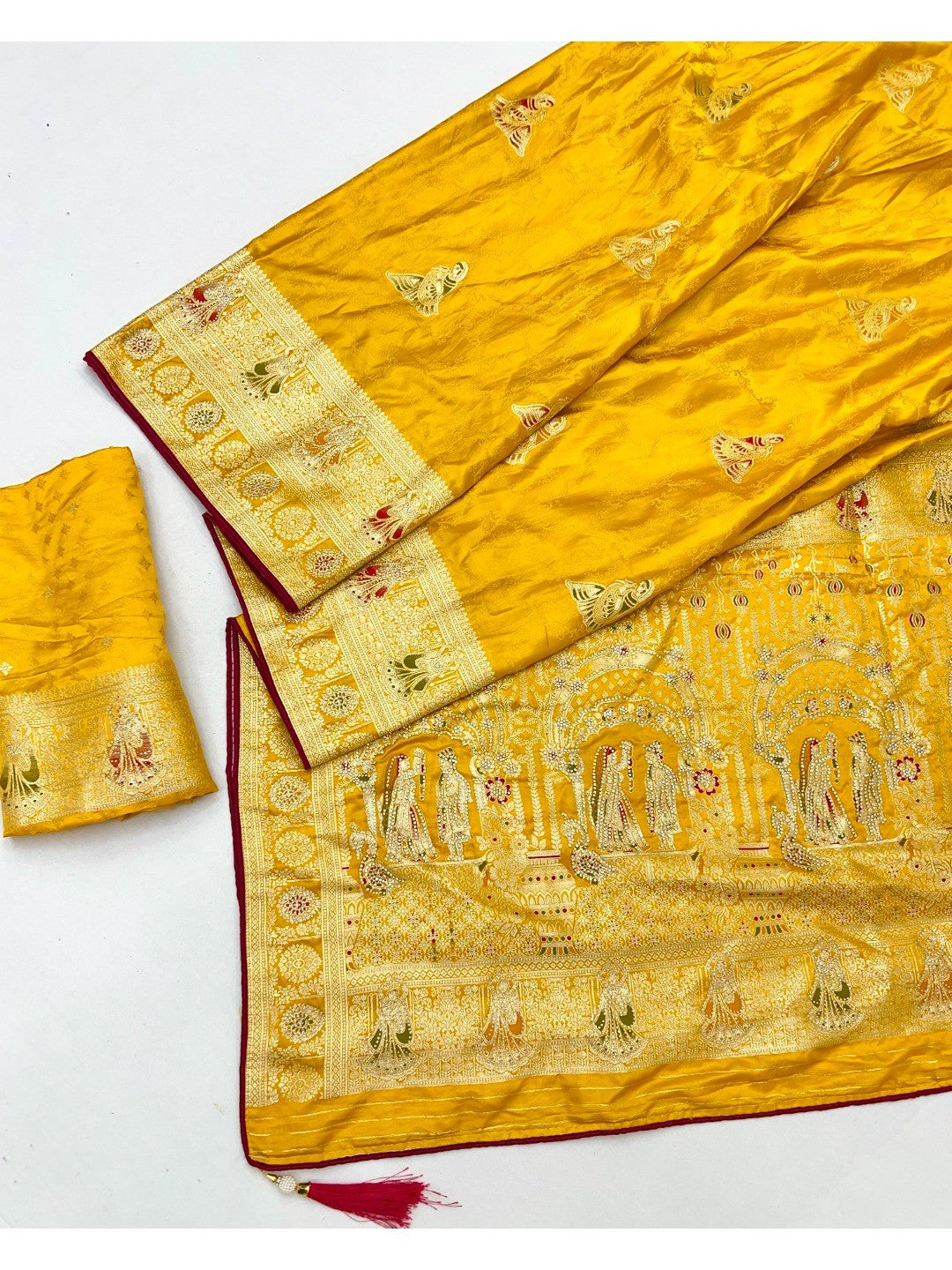Luxurious Mustard Satin Saree With Artistic Weaving Design & Gleaming Stone Work Accents - Image 2