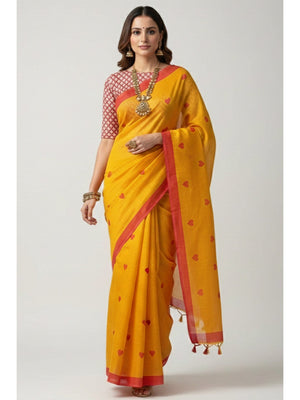 Mustard Digital Printed Linen Saree with Pink Heart Motifs - Image 1