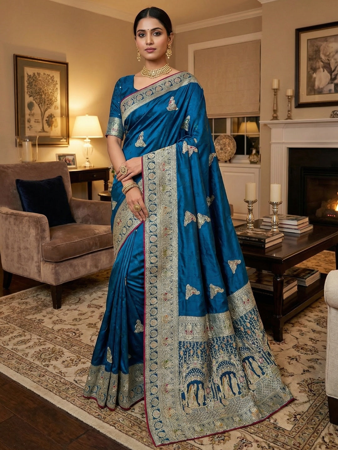 Luxurious Blue Satin Saree With Artistic Weaving Design & Gleaming Stone Work Accents - Image 1