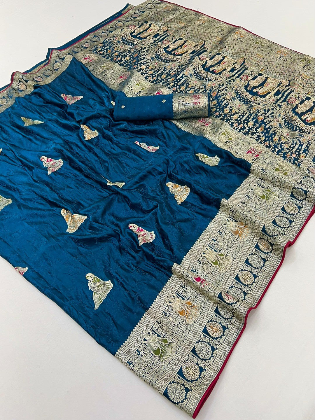 Luxurious Blue Satin Saree With Artistic Weaving Design & Gleaming Stone Work Accents - Image 3