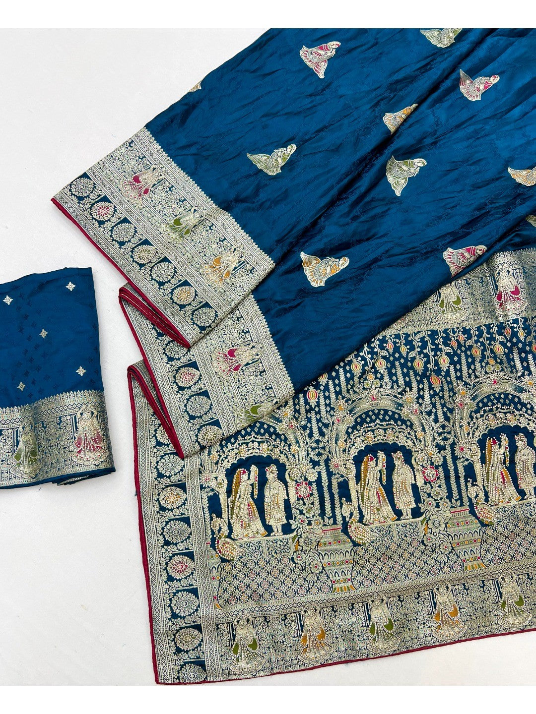 Luxurious Blue Satin Saree With Artistic Weaving Design & Gleaming Stone Work Accents - Image 3