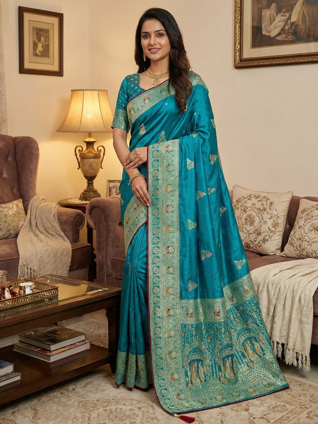 Luxurious Peacock Blue Satin Saree With Artistic Weaving Design & Gleaming Stone Work Accents - Image 1