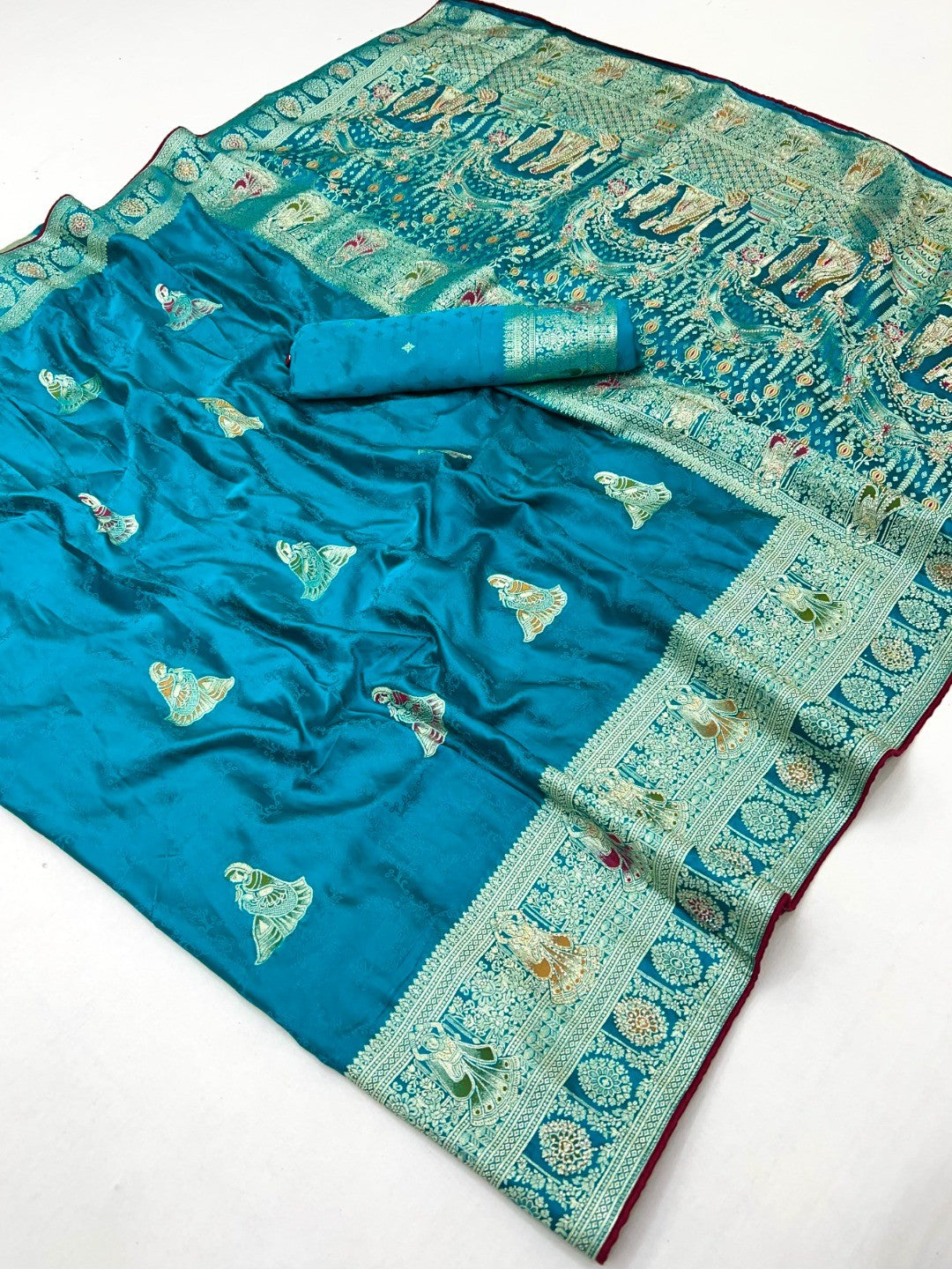 Luxurious Peacock Blue Satin Saree With Artistic Weaving Design & Gleaming Stone Work Accents - Image 3