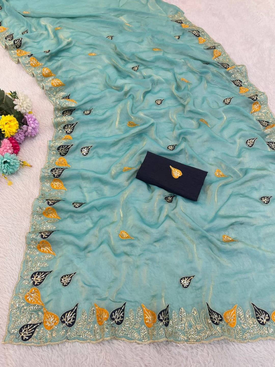 Elegant Blue Organza Satin Silk Saree with Leaf Embroidery - Image 3