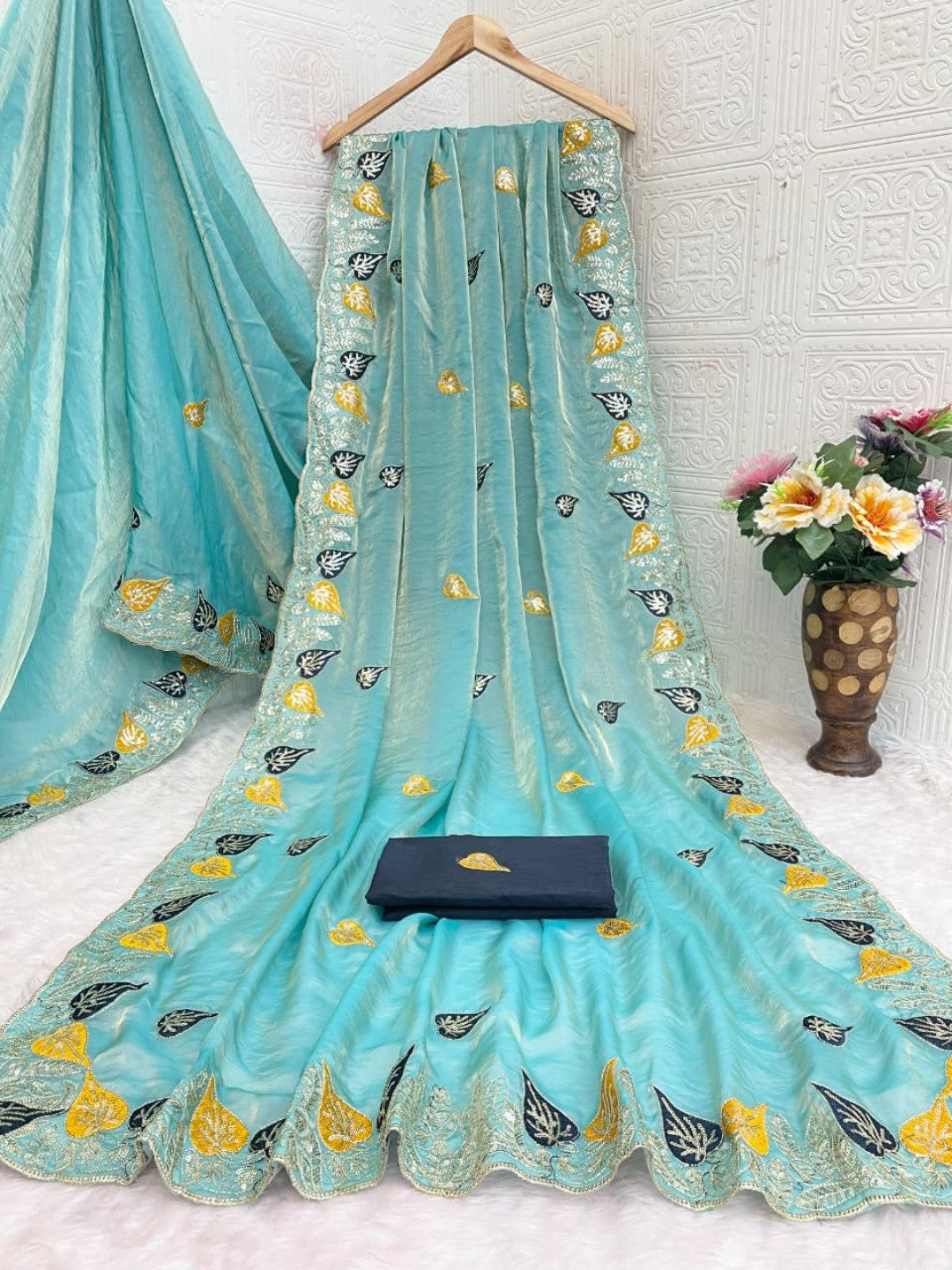 Elegant Blue Organza Satin Silk Saree with Leaf Embroidery - Image 4
