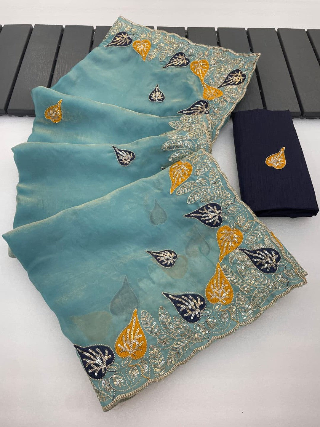 Elegant Blue Organza Satin Silk Saree with Leaf Embroidery - Image 6