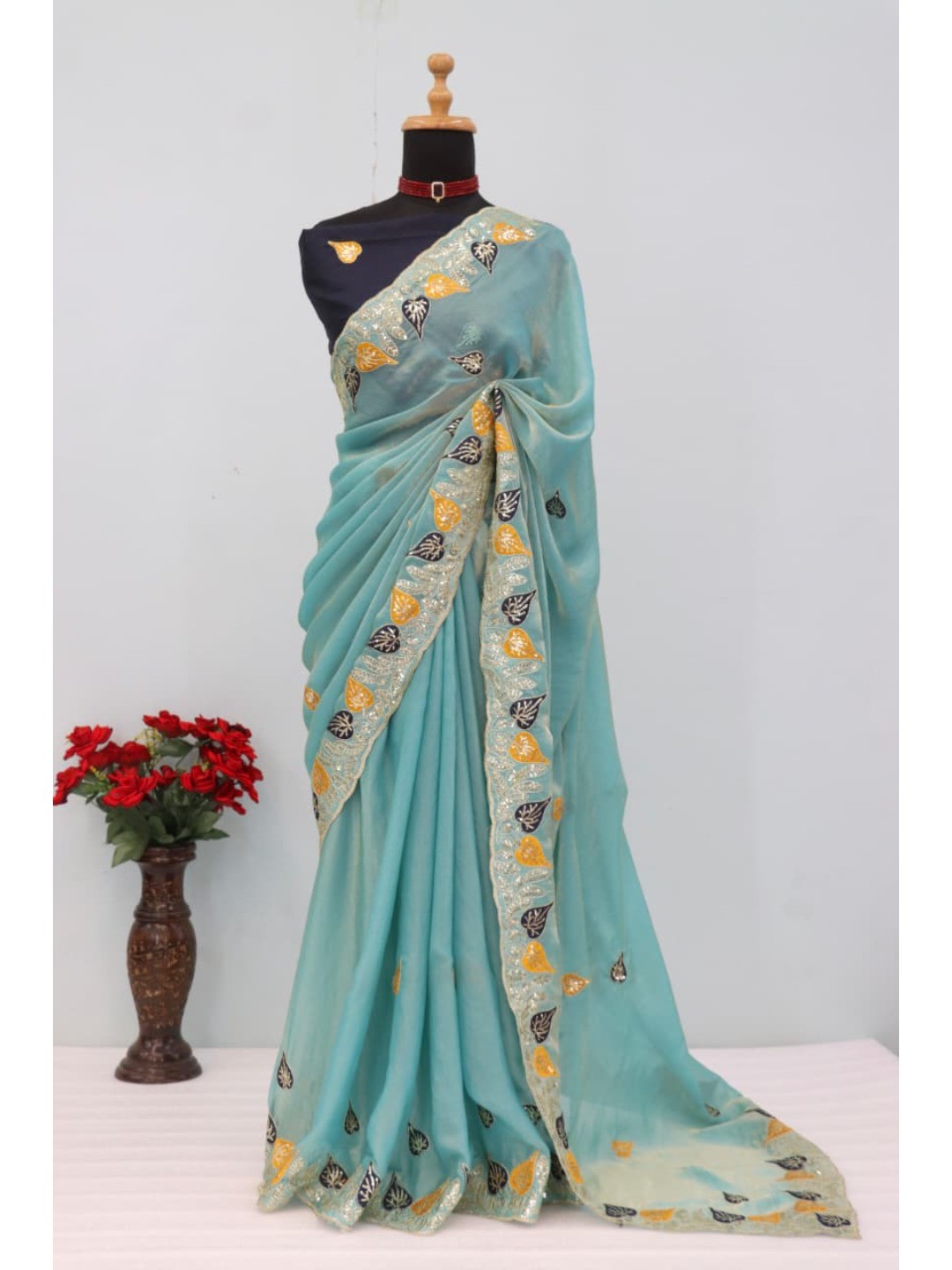 Elegant Blue Organza Satin Silk Saree with Leaf Embroidery - Image 9