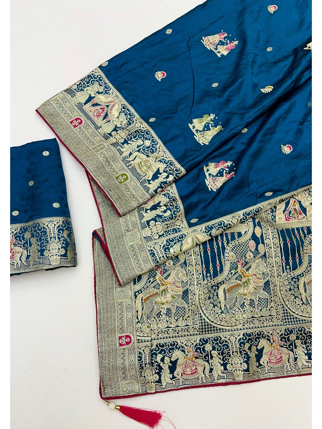 Rich Blue Satin Saree Adorned With Intricate Weaving Accents & Sparkling Stone Work Elegance - Image 3