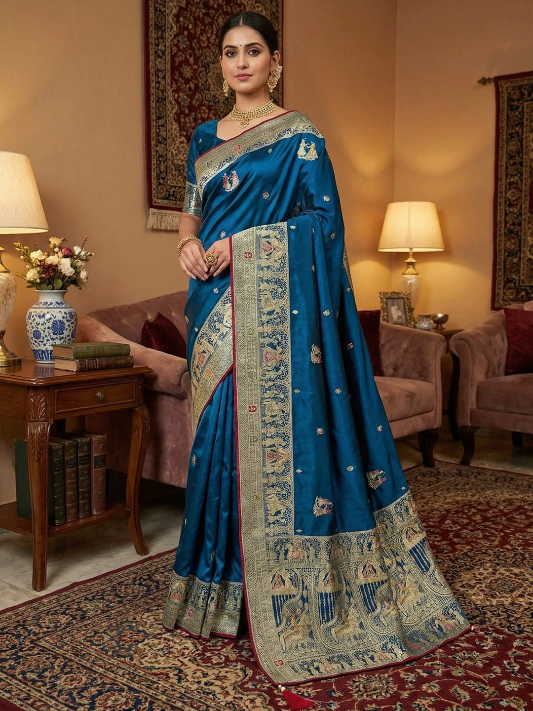 Rich Blue Satin Saree Adorned With Intricate Weaving Accents & Sparkling Stone Work Elegance - Image 1